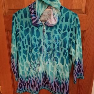 Teal Leopard Print Zip-Up Hoodie
